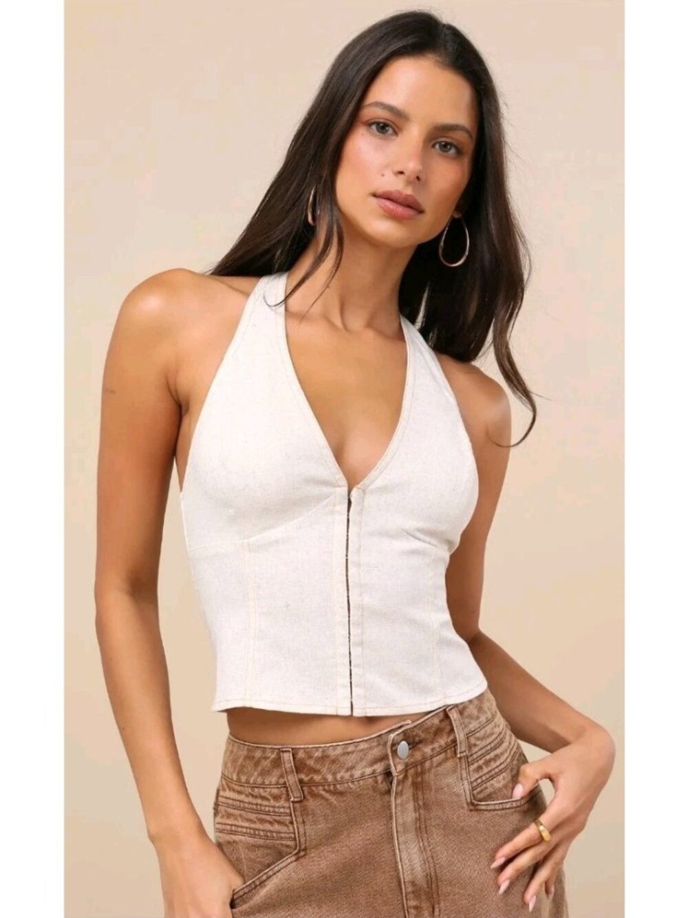 Lulus Astraia Halter Top Linen Blend Hook & Eye Heather Beige XL NWT